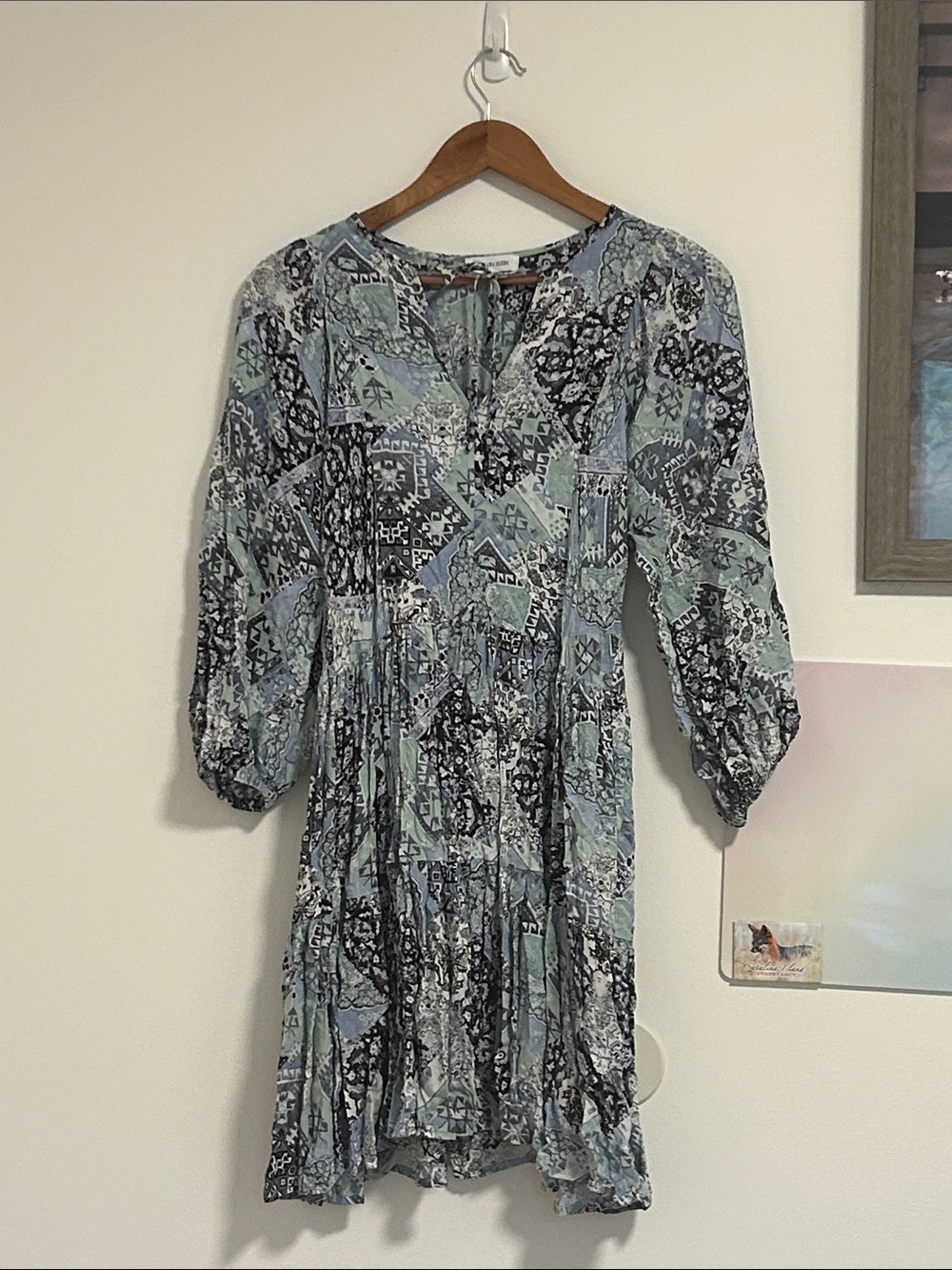 Calvin Klein Blue Pattern Print Long Sleeve Dress